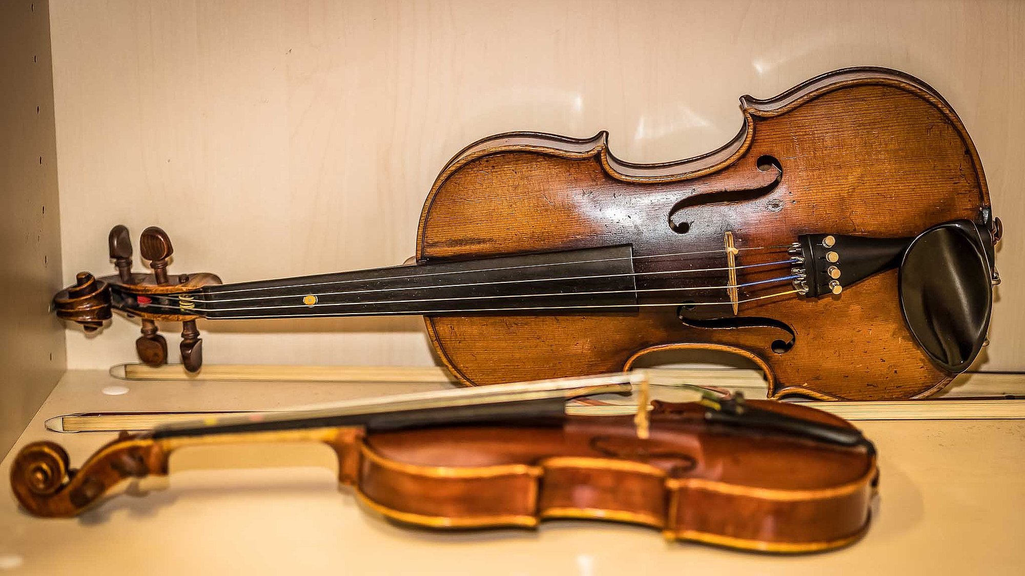 Eine Violine und eine Viola in einer Instrumentenvitrine
